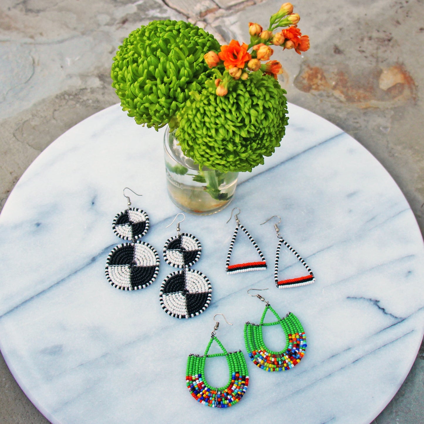 Maasai Bead Triangle Dangle Earrings, Black/White/Orange